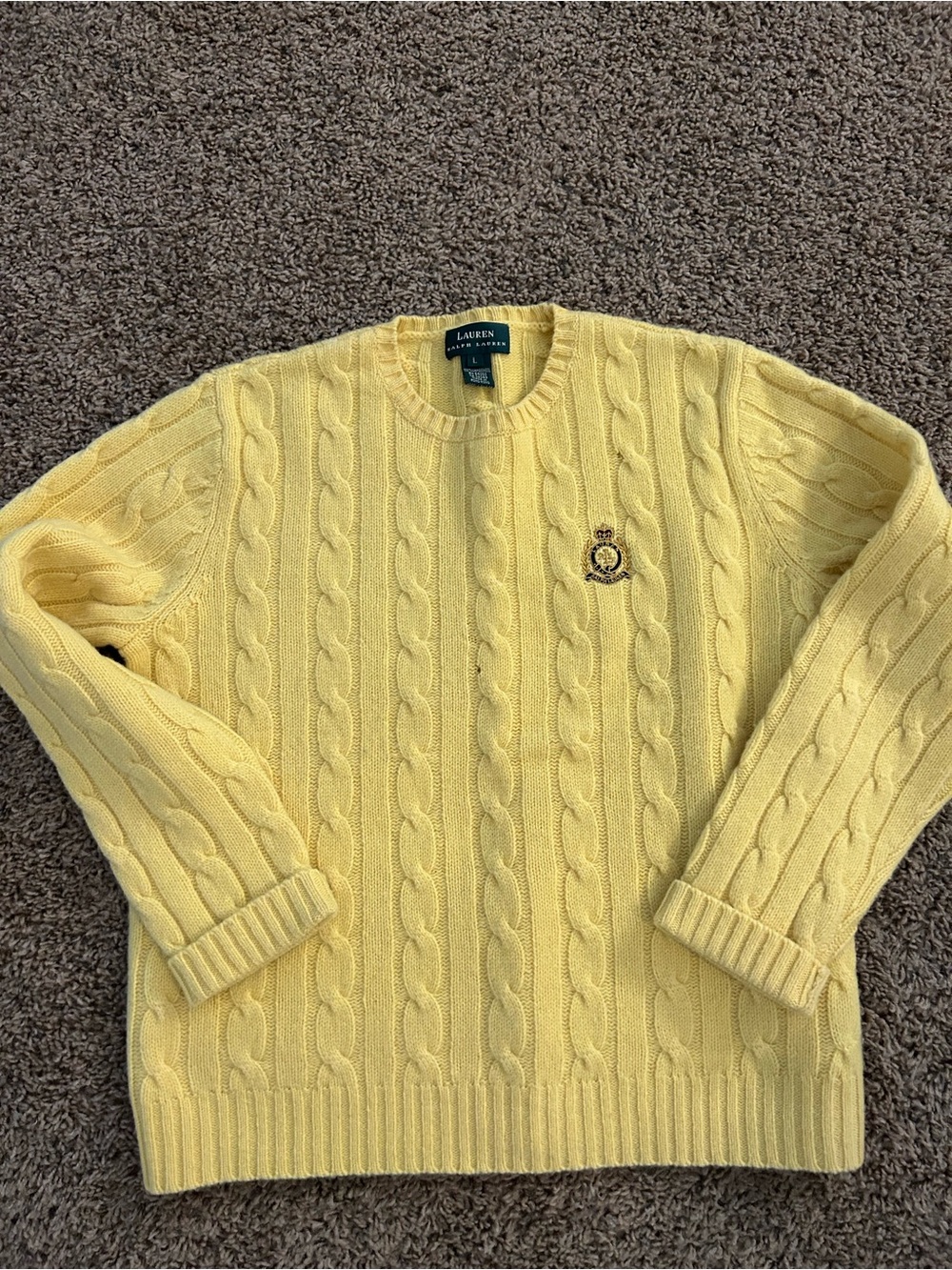 VTG Ralph Lauren 100% Lambswool Solid Yellow Sweater Womens L tiny hole